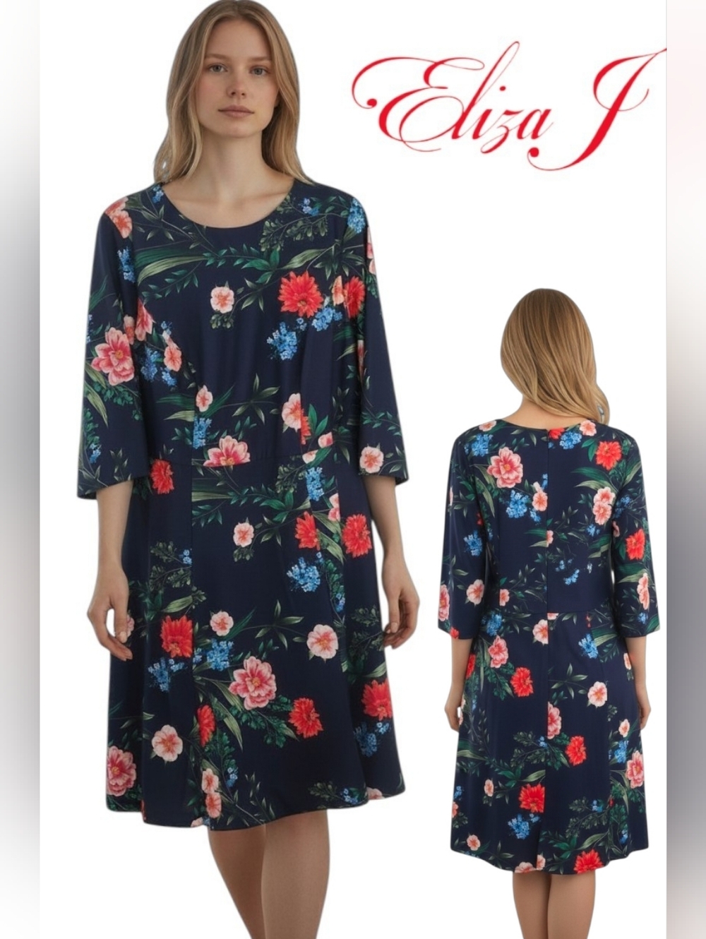 ELIZA J Floral Navy A-line Elbow-length Sleeve Midi Party Dress Lined Size 16W